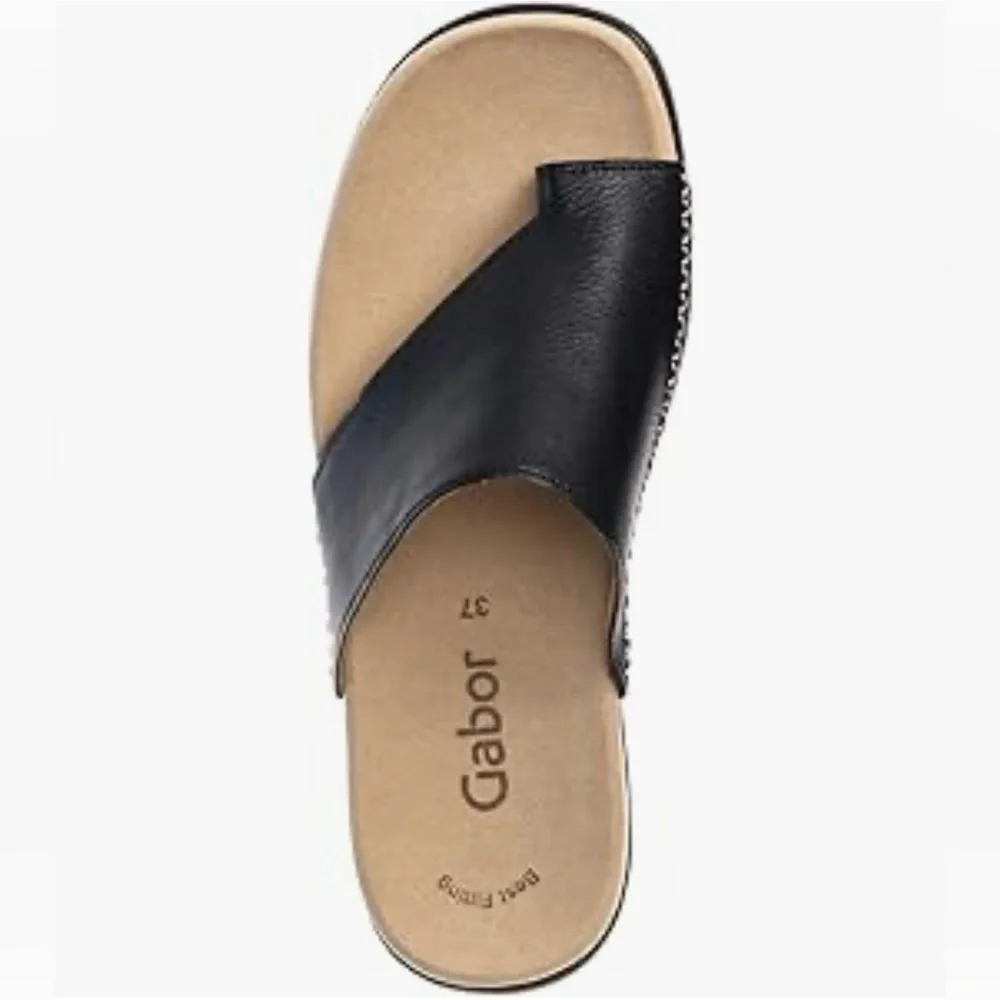 Gabor Men’s Black Leather Toe-Loop Slide with Beige Footbed sandal Size 9 - 9.5